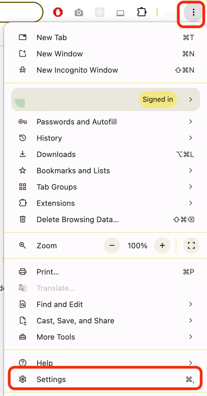 Chrome three-dot menu with Settings highlighted