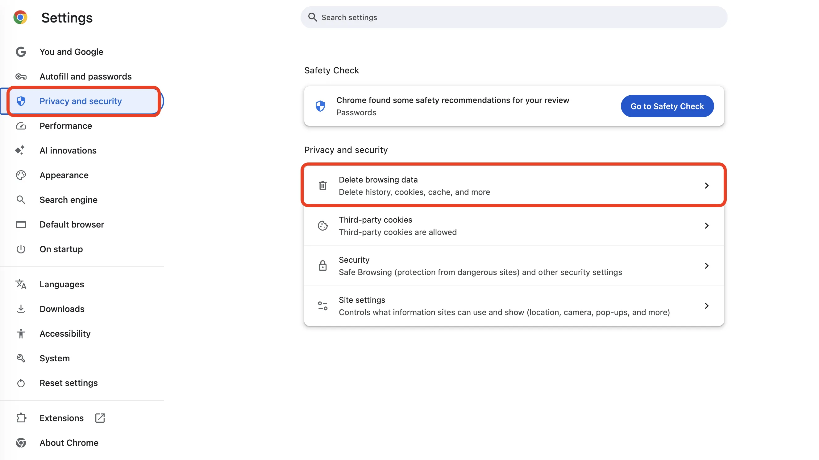 Chrome Privacy and security settings with Delete browsing data highlighted