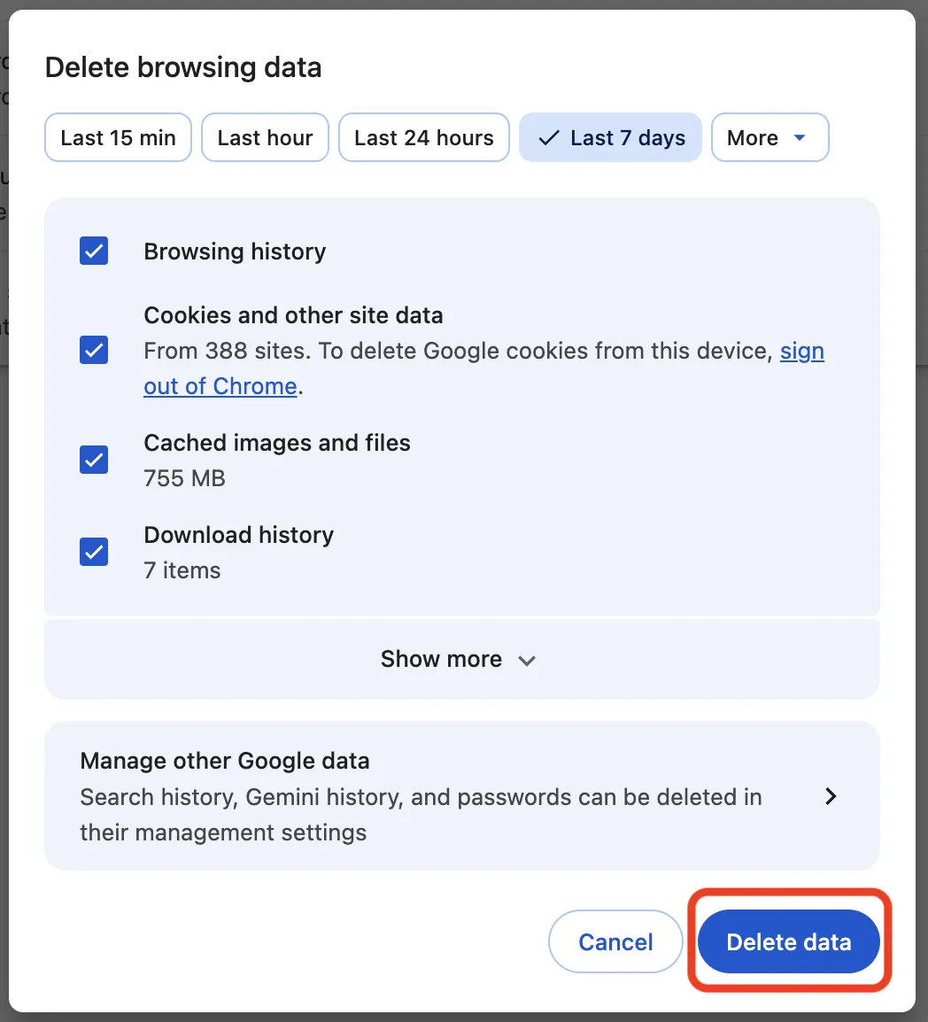 Chrome Delete browsing data dialog with cookies and cached files selected