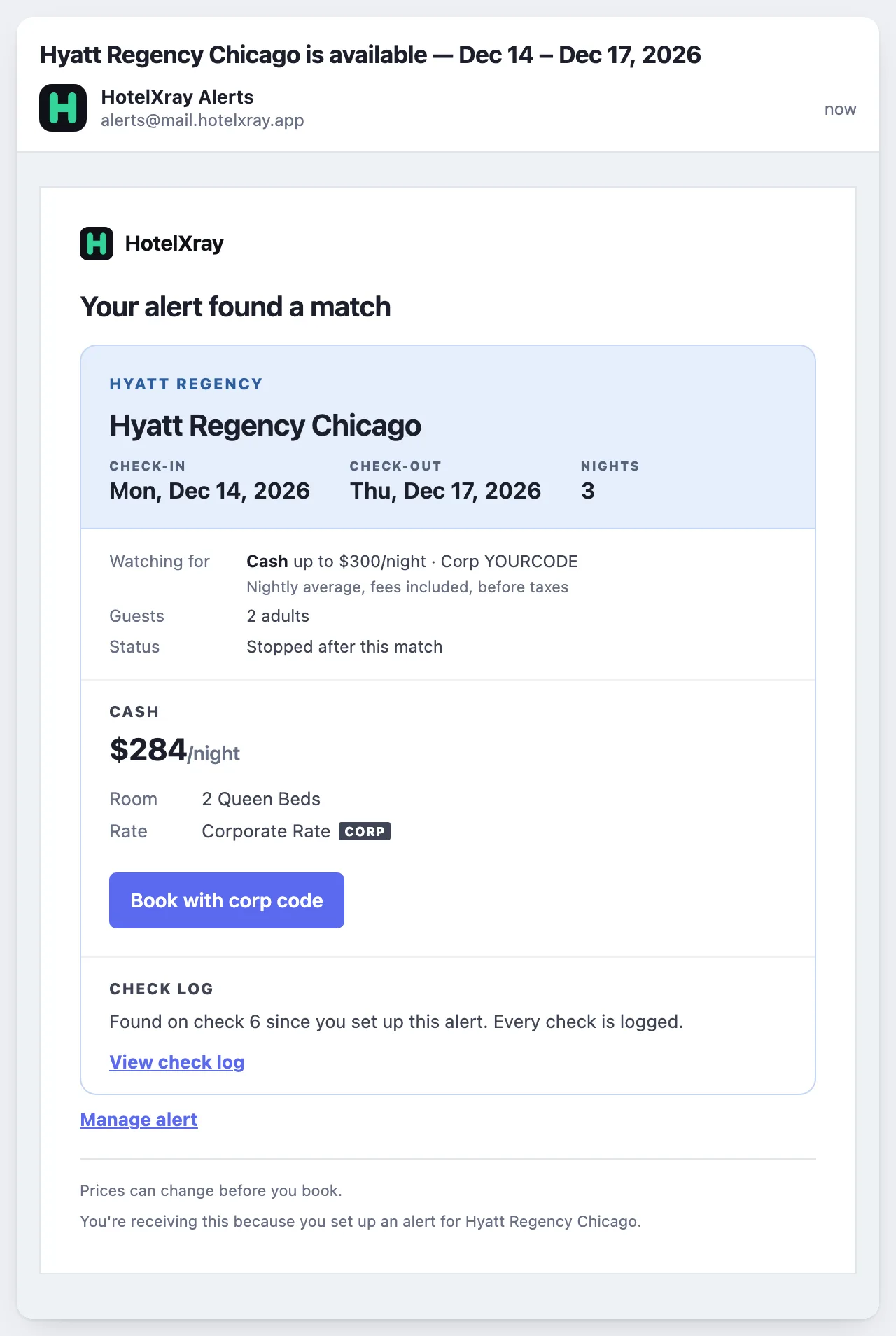 A HotelXray email for Hyatt Regency Chicago, December 14 to 17, 2026, watching for cash up to $300 a night with Corp YOURCODE, reporting $284 a night for the 2 Queen Beds on the Corporate Rate with a CORP tag and a Book with corp code button