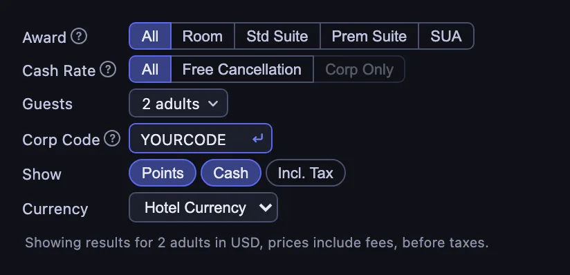 The HotelXray controls with YOURCODE typed in the Corp Code field and the apply arrow at its right; Cash Rate is on All and Corp Only is not yet available