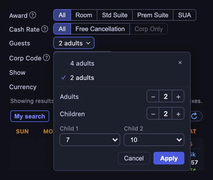 The Guests editor open below the Guests button: a saved party of 4 adults above the current 2 adults, Adults at 2, Children at 2, Child 1 aged 7 and Child 2 aged 10, with Cancel and Apply buttons