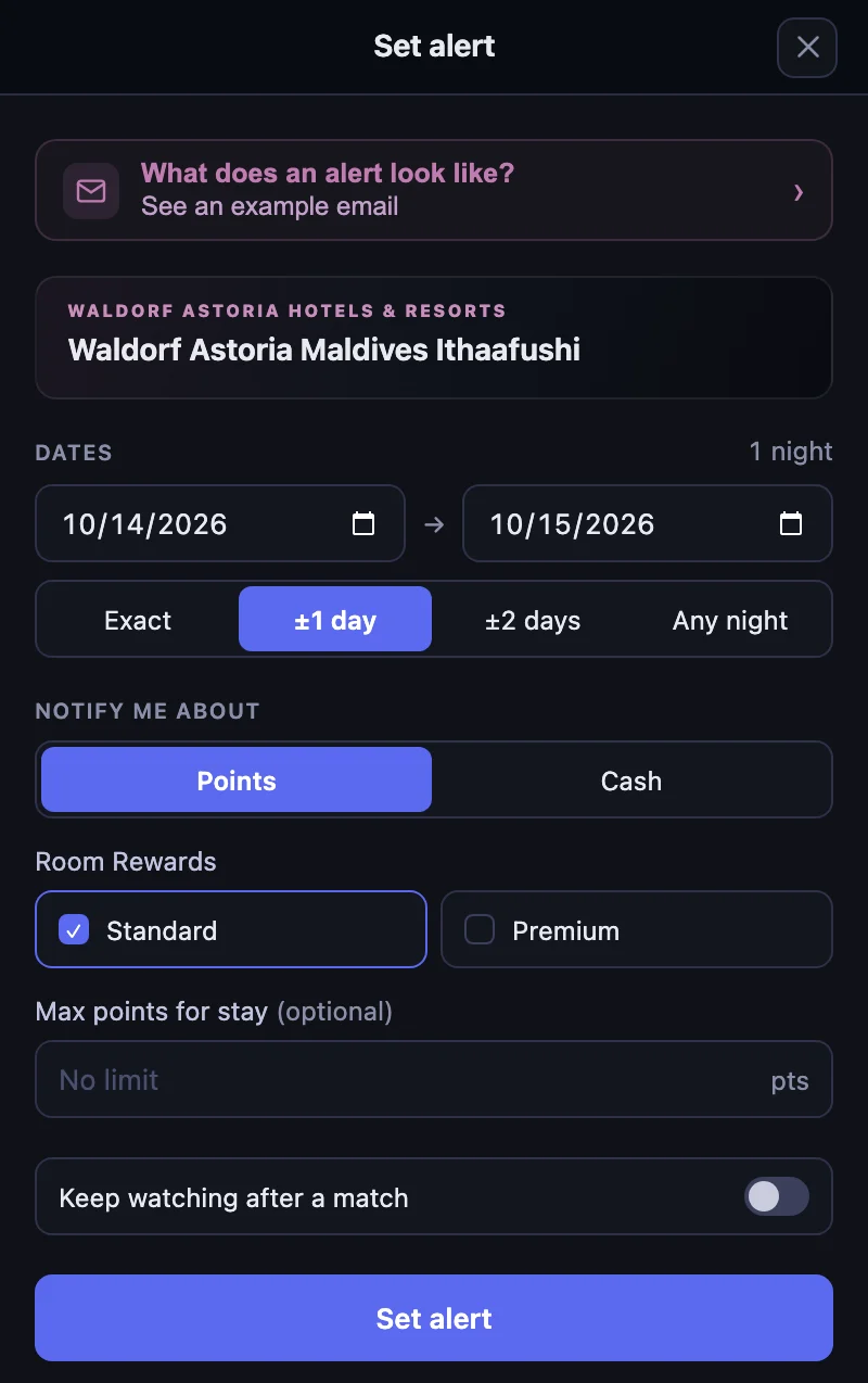 The Set alert form for Waldorf Astoria Maldives Ithaafushi with dates of October 14 to 15 and ±1 day, Points selected with Standard checked under Room Rewards and no points limit