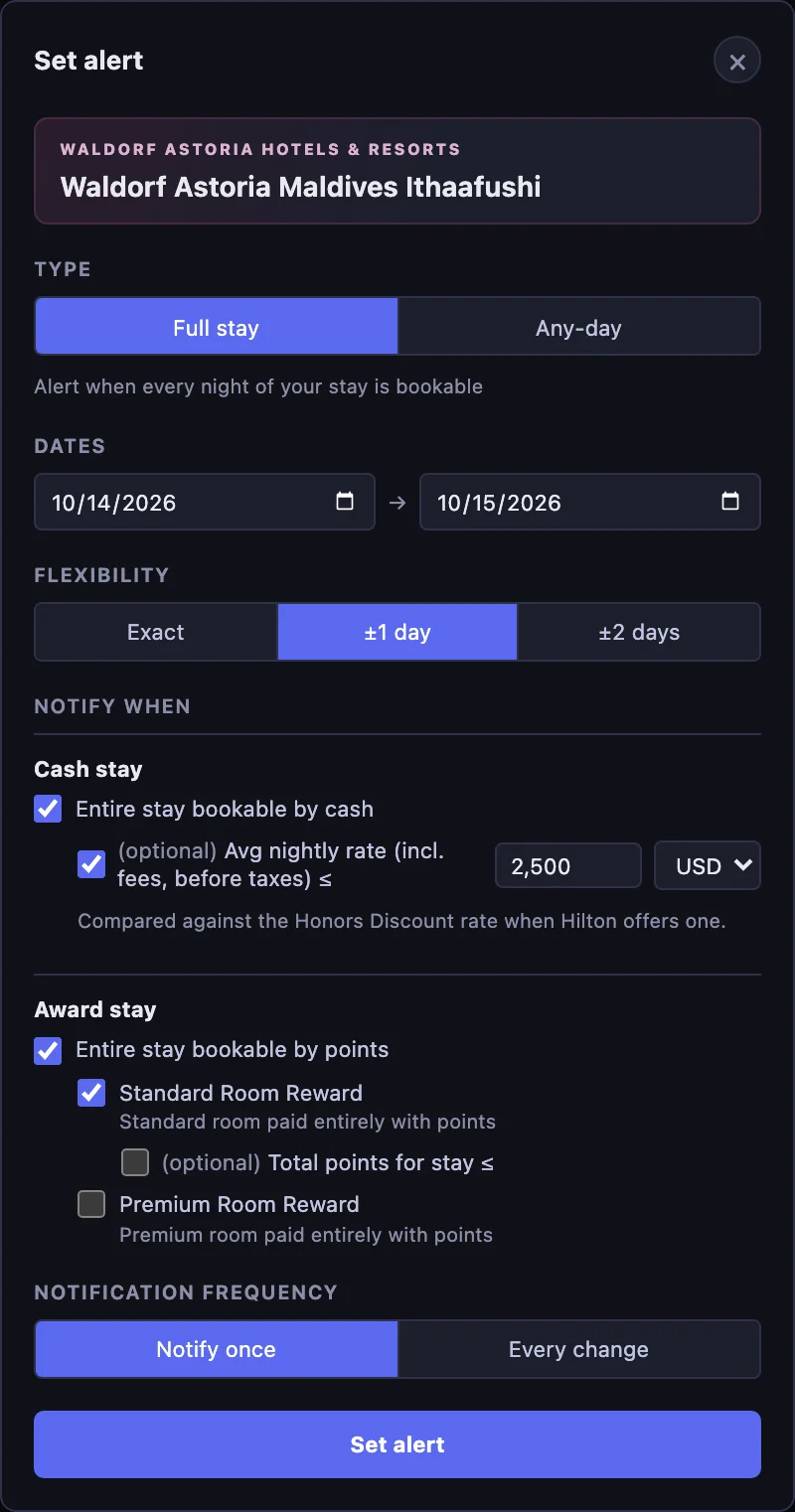 Hilton alert form for October 14–15 with plus or minus one day, a $2,500 nightly cash limit, Standard Room Reward checked with no points limit, Premium Room Reward unchecked, and Notify once selected