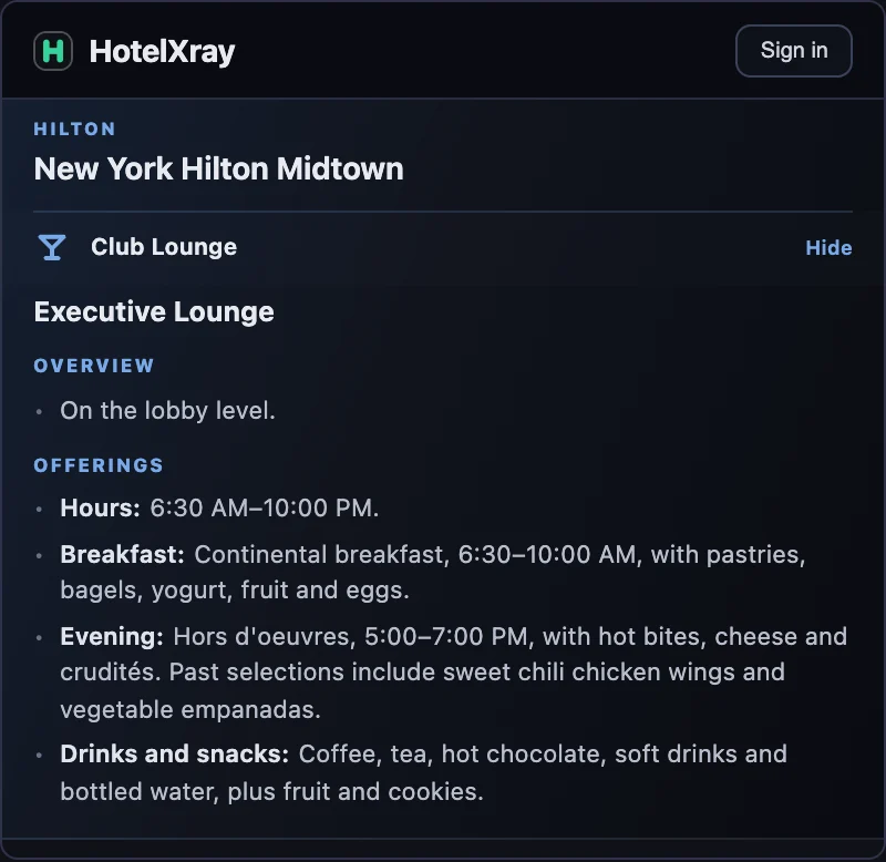 Expanded Executive Lounge report for New York Hilton Midtown showing its lobby-level location, 6:30 AM to 10:00 PM hours, continental breakfast, evening hors d'oeuvres, and all-day drinks and snacks