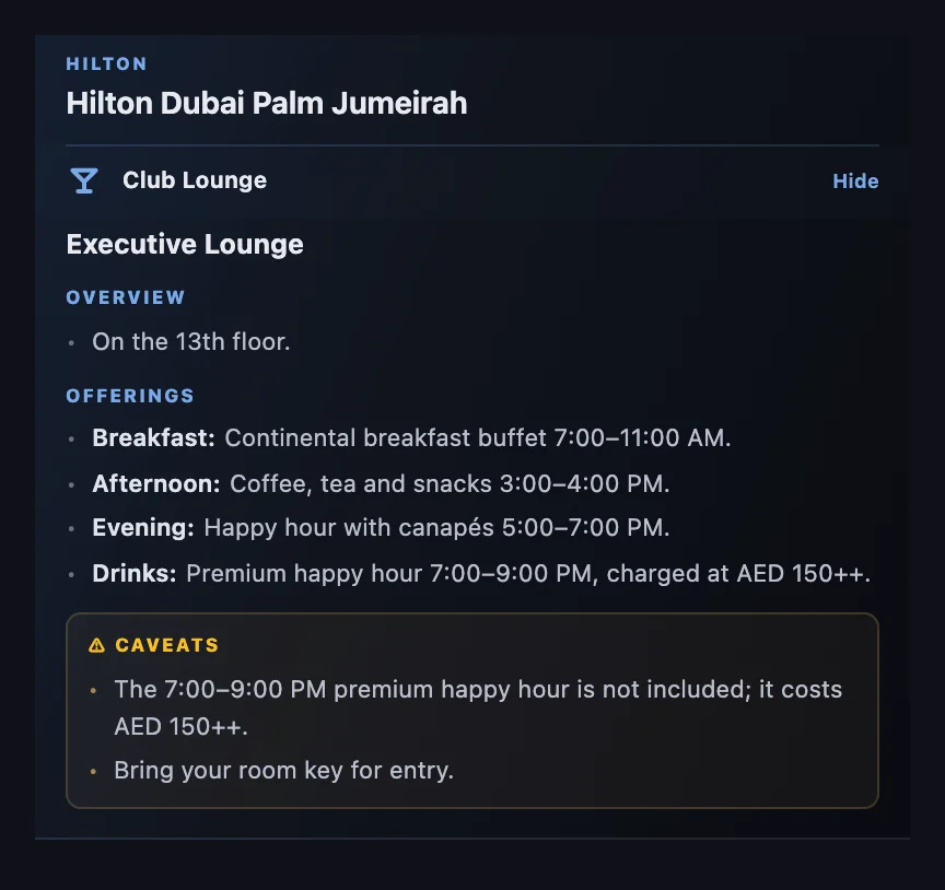 HotelXray lounge report for the 13th-floor Executive Lounge at Hilton Dubai Palm Jumeirah: continental breakfast buffet 7:00 to 11:00 AM, coffee, tea and snacks 3:00 to 4:00 PM, a happy hour with canapés 5:00 to 7:00 PM, and caveats that the 7:00 to 9:00 PM premium happy hour costs AED 150++ and that guests should bring their room key
