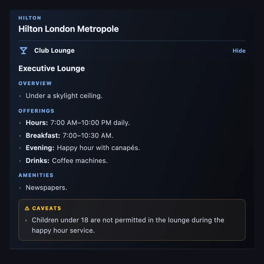 HotelXray lounge report for the Executive Lounge at Hilton London Metropole: open 7:00 AM to 10:00 PM daily, breakfast 7:00 to 10:30 AM, an evening happy hour with canapés, coffee machines, newspapers, and a caveat that children under 18 are not permitted during the happy hour service