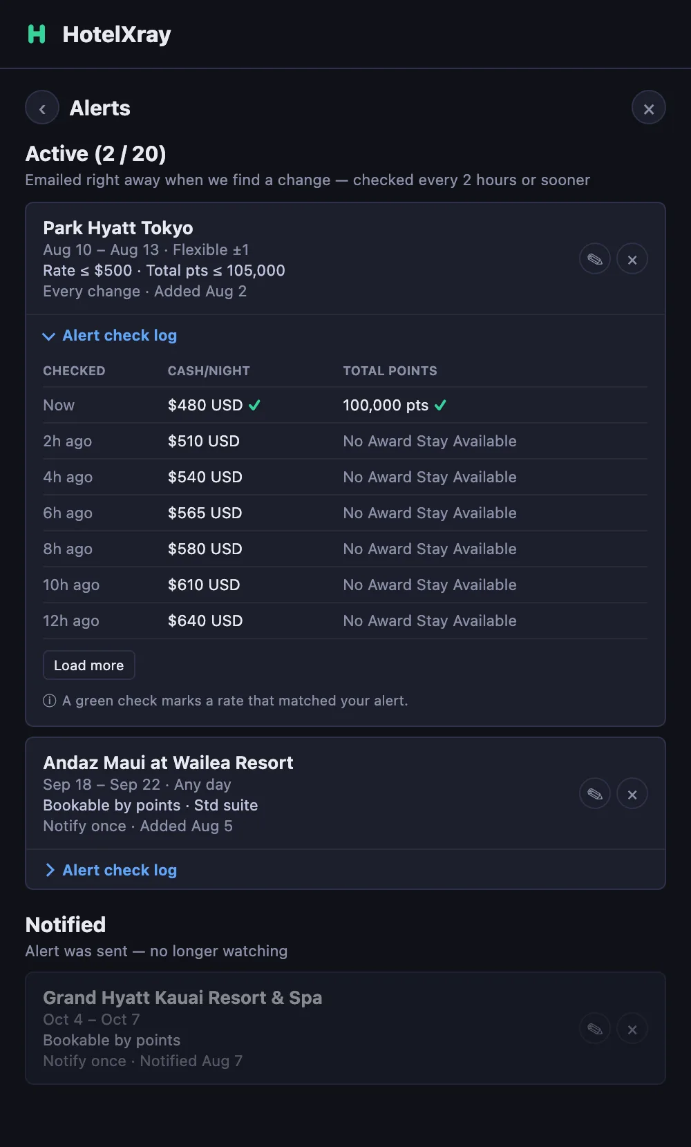 The Alerts list with one check log expanded, showing a row every two hours as the nightly rate falls from $640 to $480, with green checks on the row that matched both targets