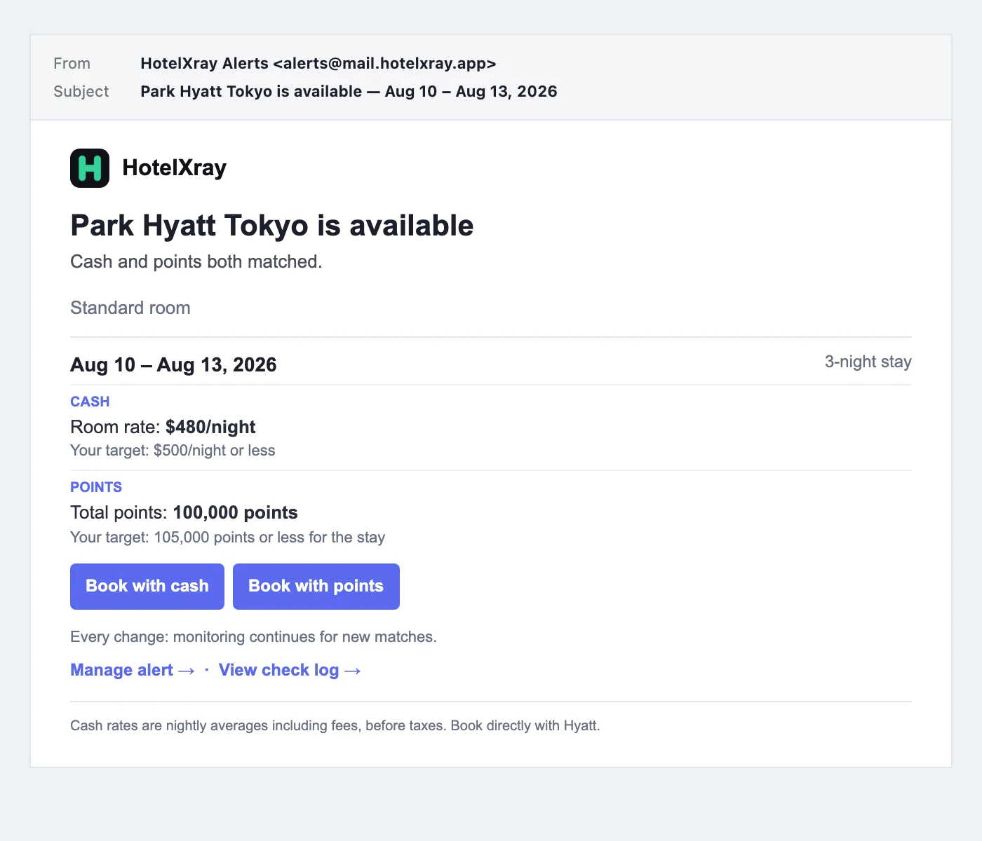 A HotelXray alert email showing that cash and points both matched for a three-night Park Hyatt Tokyo stay, with each observed value, target and booking button