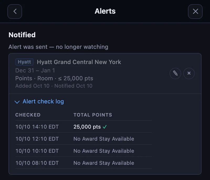 The Alerts list in the HotelXray panel with the Hyatt Grand Central New York alert under Notified and its check log open: three checks on October 10 found no award stay, and the 2:10 pm check found 25,000 points with a green check