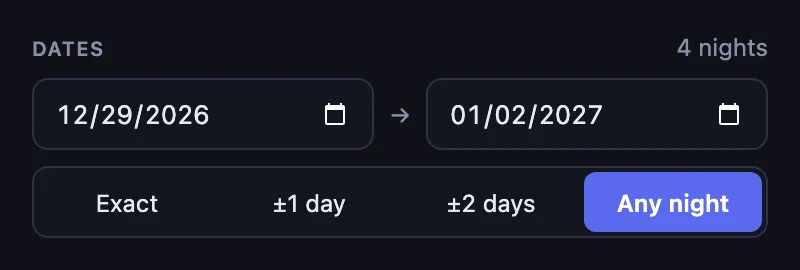 The Dates section of the alert form with December 29, 2026 to January 2, 2027, 4 nights, and Any night selected
