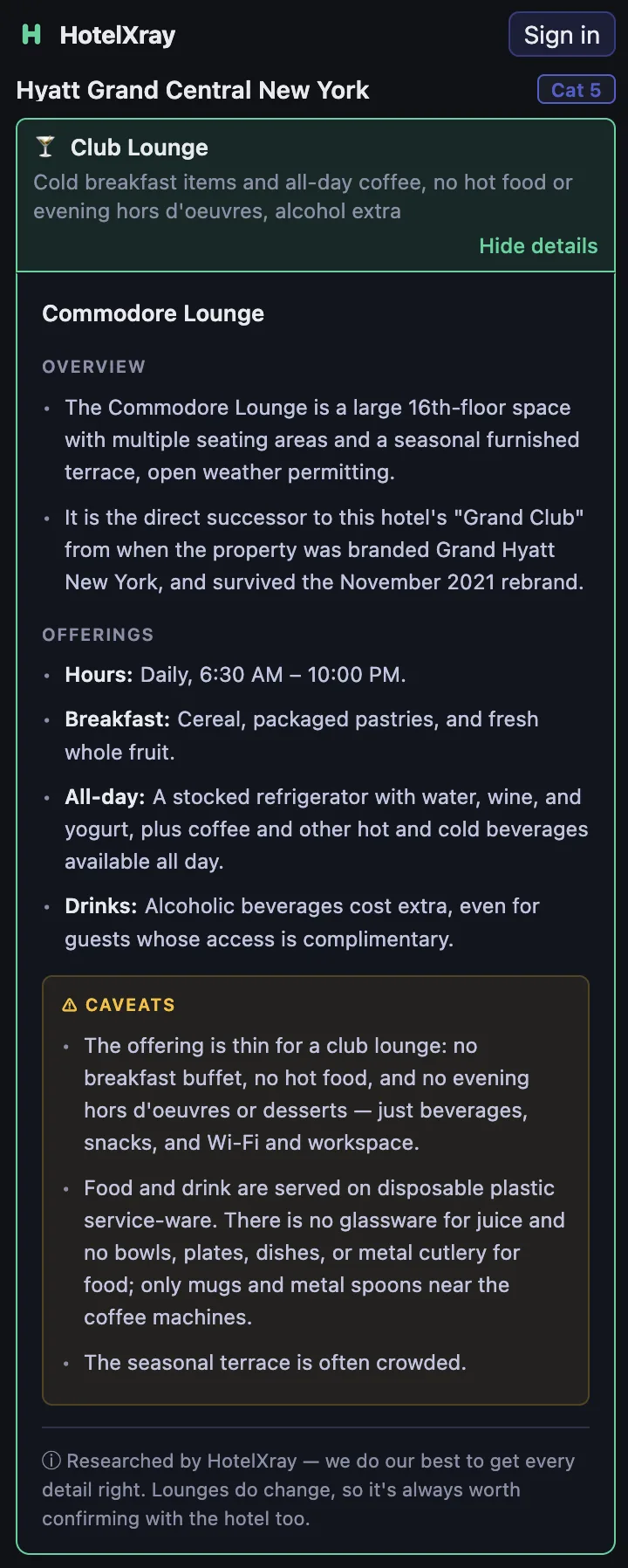 Expanded HotelXray Club Lounge card for Hyatt Grand Central New York showing the Commodore Lounge overview, offerings and caveats