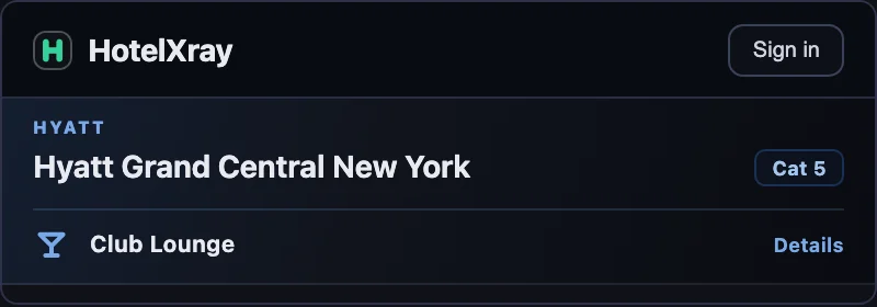 Hyatt Grand Central New York hotel header with a collapsed Club Lounge row and Details control