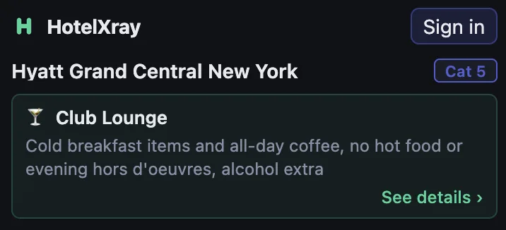 HotelXray hotel view showing a collapsed Club Lounge card with a summary of breakfast, coffee, evening food and alcohol