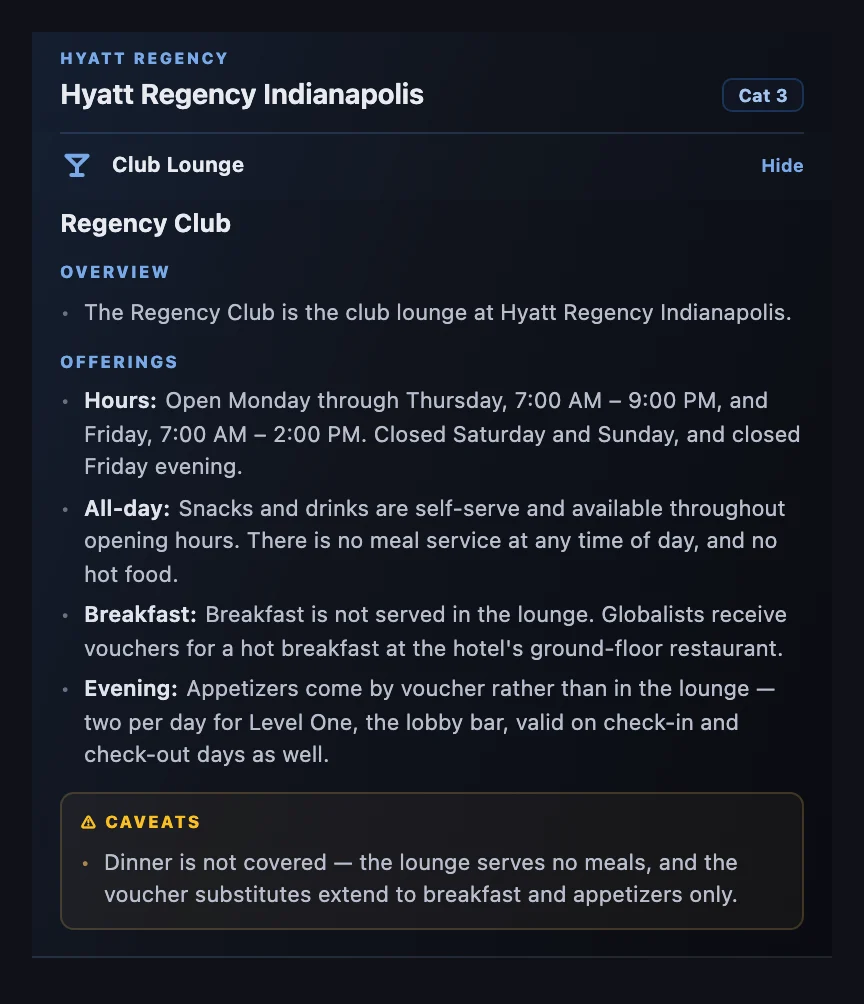 HotelXray lounge report for the Regency Club at Hyatt Regency Indianapolis: open Monday to Thursday 7:00 AM to 9:00 PM and Friday until 2:00 PM, closed weekends, self-serve snacks and drinks with no meal service, breakfast and appetizers by voucher outside the lounge, and a caveat that dinner is not covered