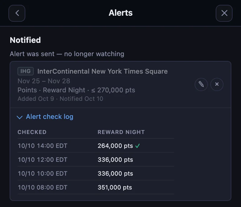IHG alert under Notified with its check log open: a Reward Night column with 351,000 points at 8 am, 336,000 points at 10 am and noon, and 264,000 points with a green check at 2 pm on October 10