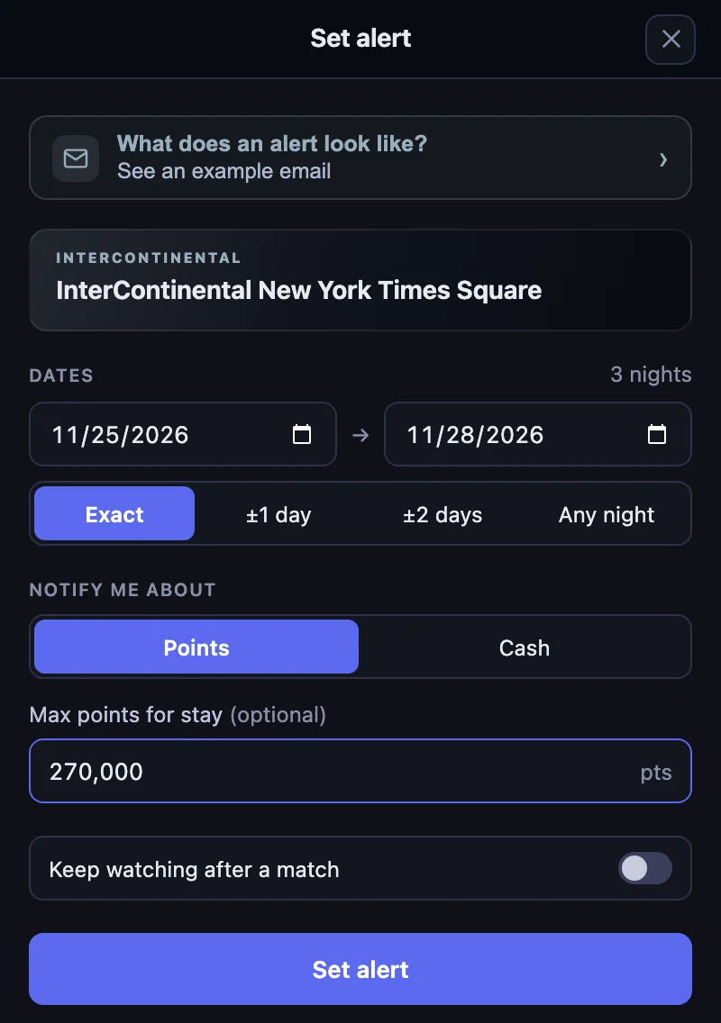 The Set alert form for InterContinental New York Times Square with exact dates of November 25 to 28, Points selected and a 270,000-point limit for the 3-night stay