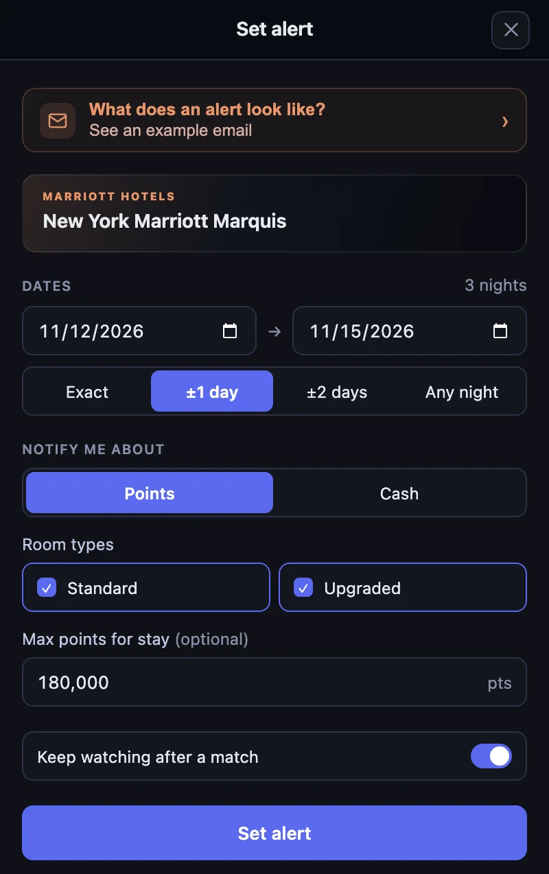 Marriott alert form for November 12–15 with plus or minus one day selected, Points selected under Notify me about, Standard and Upgraded both checked under Room types, a 180,000-point limit for the stay, and Keep watching after a match switched on