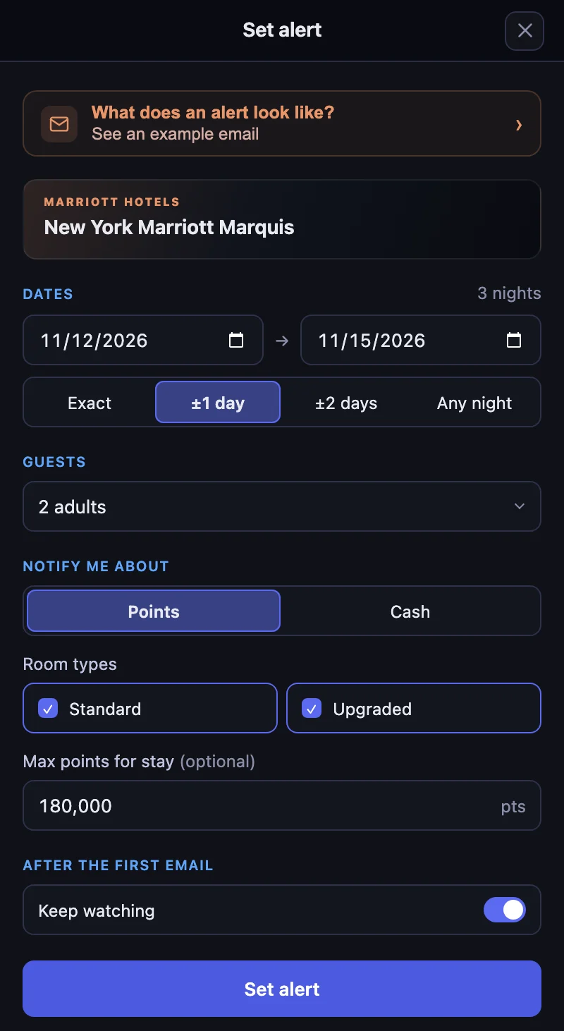 Marriott alert form for November 12–15 with plus or minus one day selected, Guests at 2 adults, Points selected under Notify me about, Standard and Upgraded both checked under Room types, a 180,000-point limit for the stay, and Keep watching switched on under After the first email