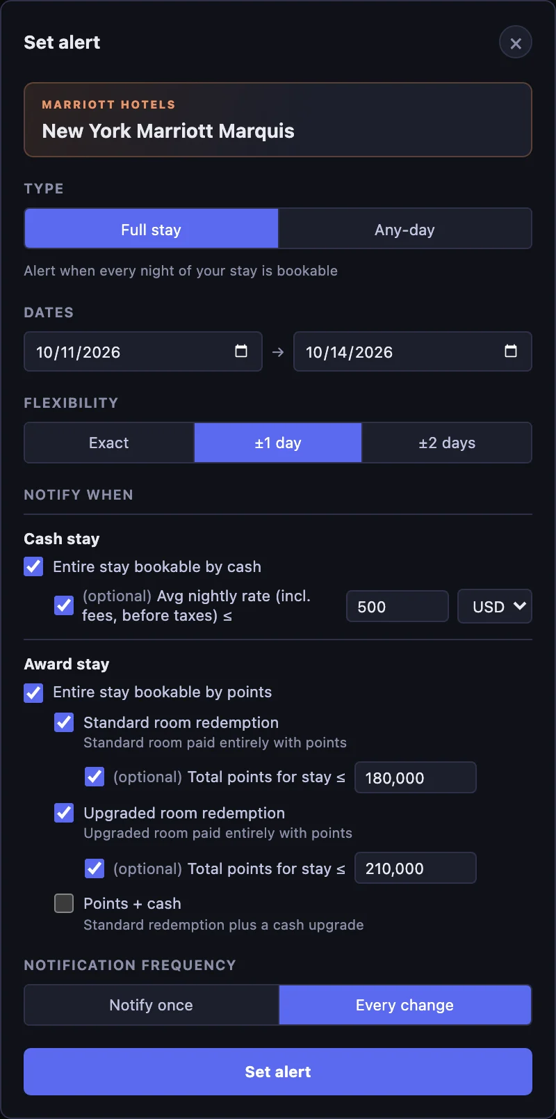 Marriott alert form for October 11–14 with plus or minus one day, Every change, a $500 nightly cash limit, 180,000 standard points, and 210,000 upgraded points; Points + cash is available but unchecked