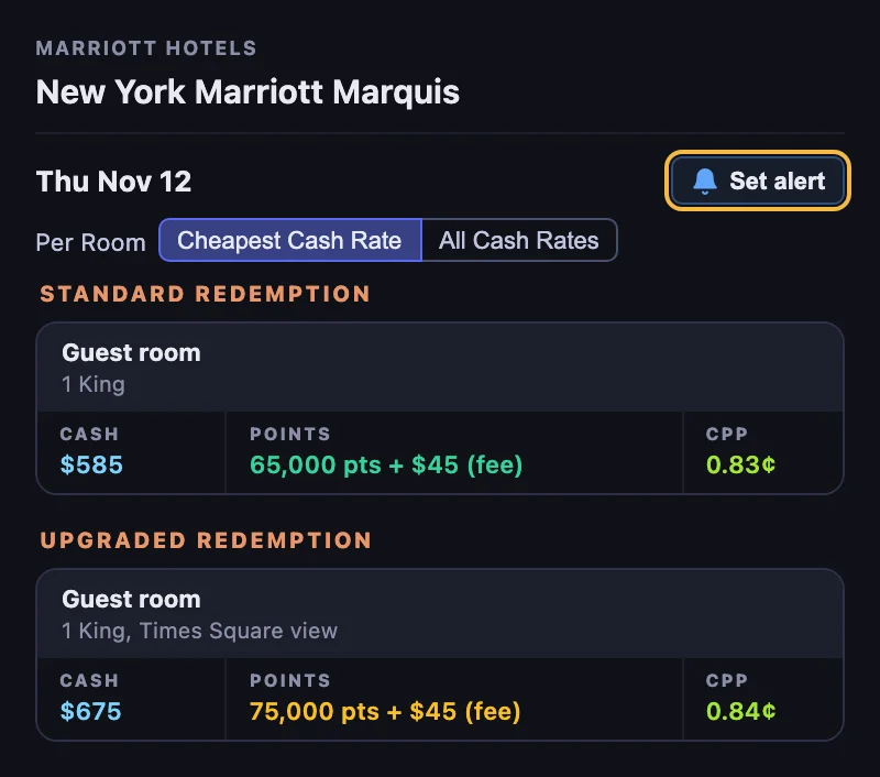 New York Marriott Marquis calendar day for November 12, 2026 with a Set alert bell beside the date, a standard redemption at 65,000 points on a Guest room with 1 King, and an upgraded redemption at 75,000 points with a Times Square view; the Set alert bell is ringed