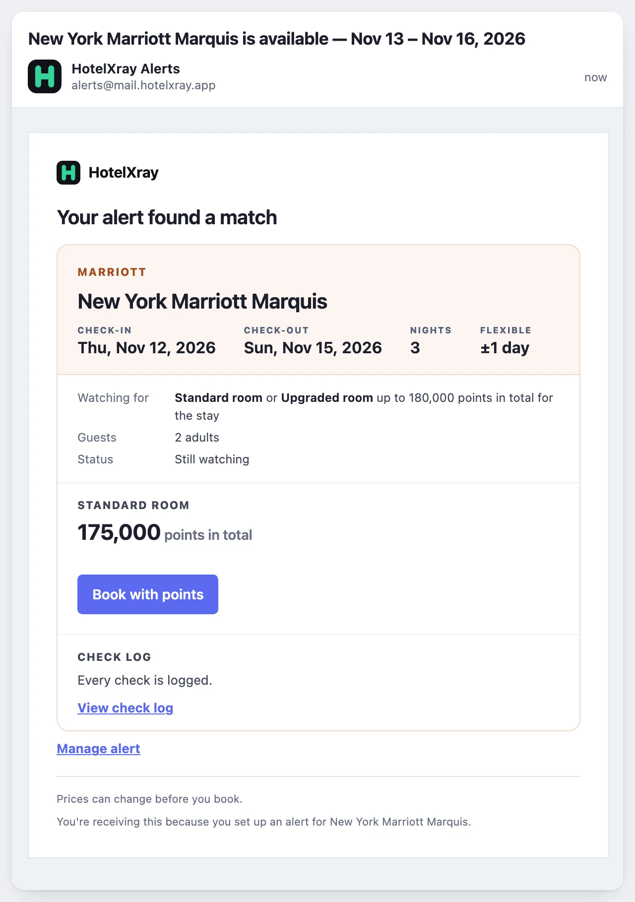 HotelXray email with the subject New York Marriott Marquis is available for November 13–16, 2026; the card shows November 12–15 with ±1 day, watching for a standard or upgraded room up to 180,000 points for the stay for 2 adults, Still watching, and a standard room at 175,000 points in total with a Book with points button
