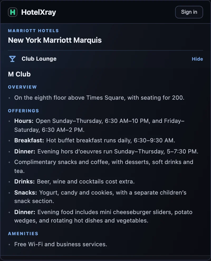 Expanded M Club report for New York Marriott Marquis showing its eighth-floor location, daily breakfast, Sunday–Thursday evening food, shorter Friday/Saturday hours, and extra alcohol charges