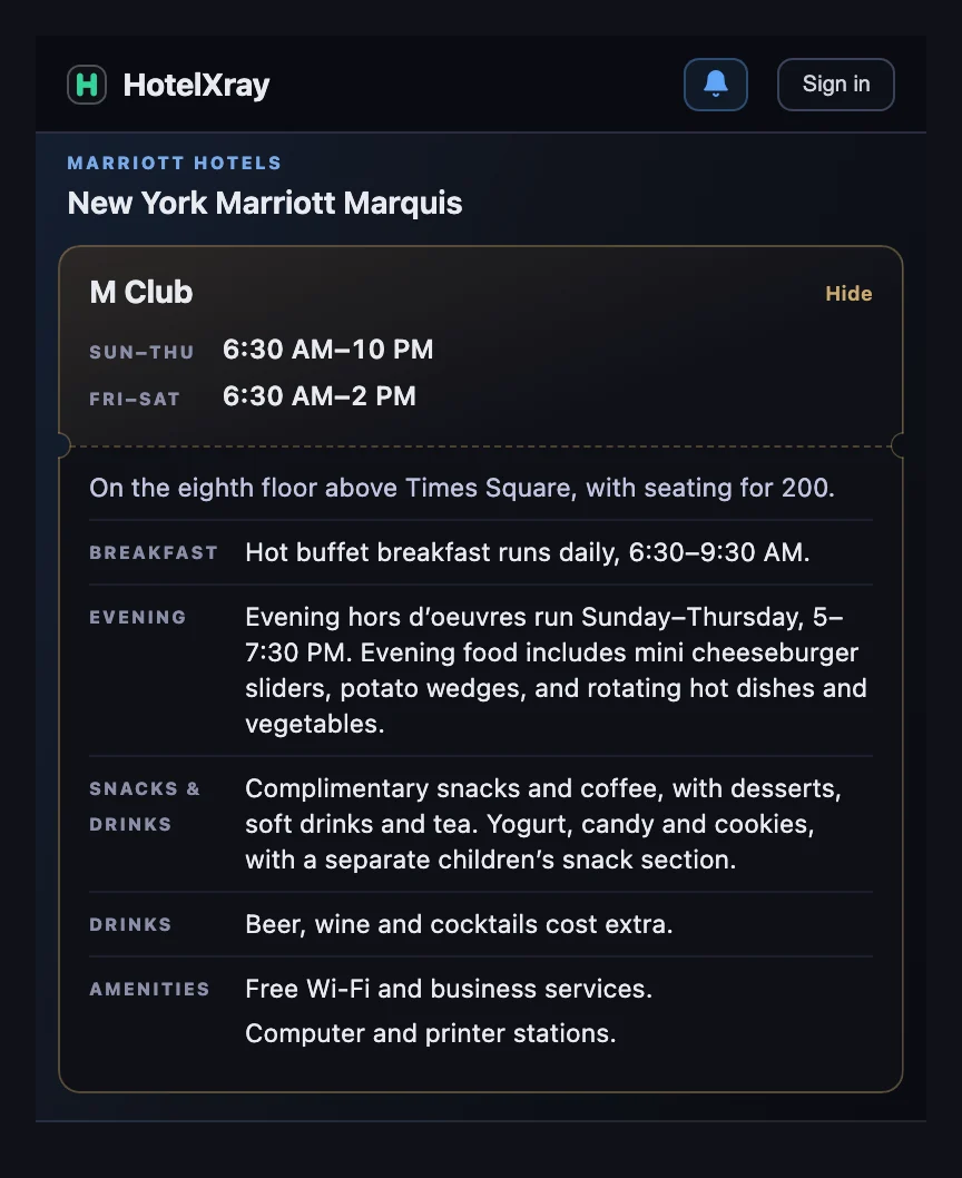 Expanded M Club report for New York Marriott Marquis: open Sunday to Thursday 6:30 AM to 10 PM and Friday to Saturday 6:30 AM to 2 PM, eighth-floor location, hot buffet breakfast daily, Sunday to Thursday evening hors d'oeuvres, and extra alcohol charges