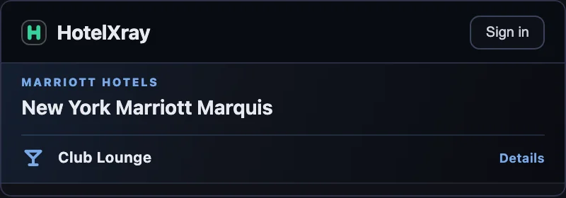 New York Marriott Marquis hotel header with a collapsed Club Lounge row and Details control
