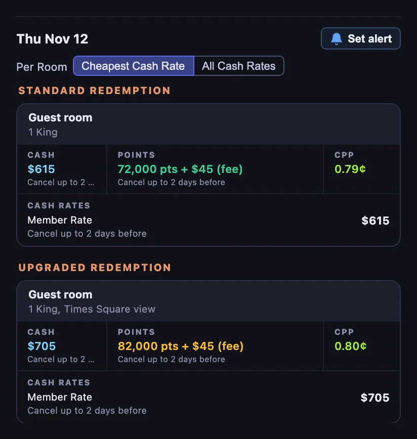 Rooms for Thursday November 12: a Guest room with 1 King under Standard redemption at $615 or 72,000 points plus a $45 fee, 0.79¢, and a Guest room with 1 King and a Times Square view under Upgraded redemption at $705 or 82,000 points plus a $45 fee, 0.80¢, each Member Rate cancellable up to 2 days before