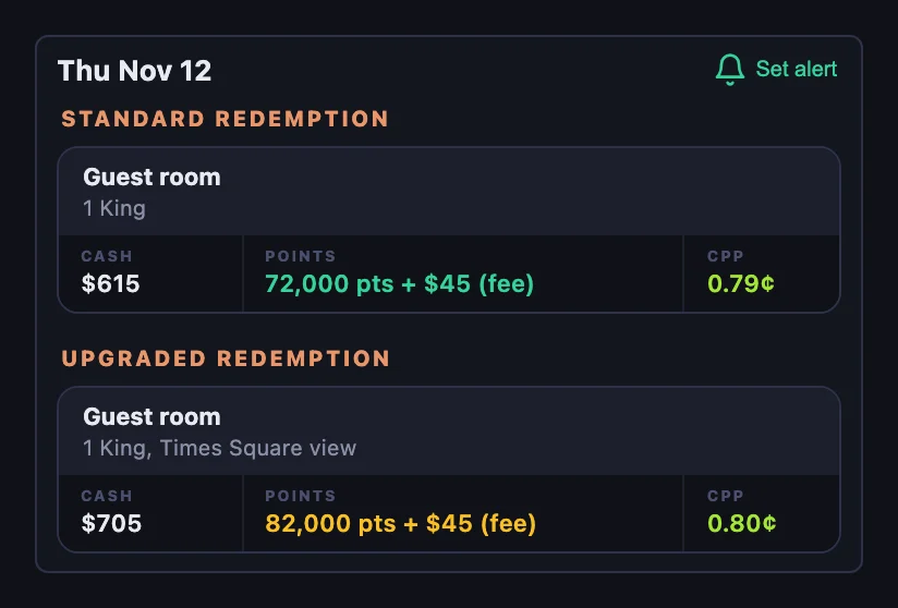Rooms for Thursday November 12 at New York Marriott Marquis: a Guest room with 1 King under Standard redemption at $615 or 72,000 points plus a $45 fee, 0.79¢, and a Guest room with 1 King and a Times Square view under Upgraded redemption at $705 or 82,000 points plus a $45 fee, 0.80¢