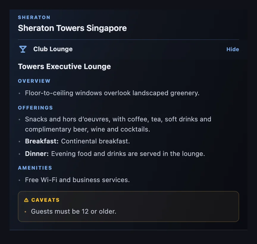 HotelXray lounge report for the Towers Executive Lounge at Sheraton Towers Singapore: snacks and hors d'oeuvres with complimentary beer, wine and cocktails, continental breakfast, evening food and drinks, and a caveat that guests must be 12 or older