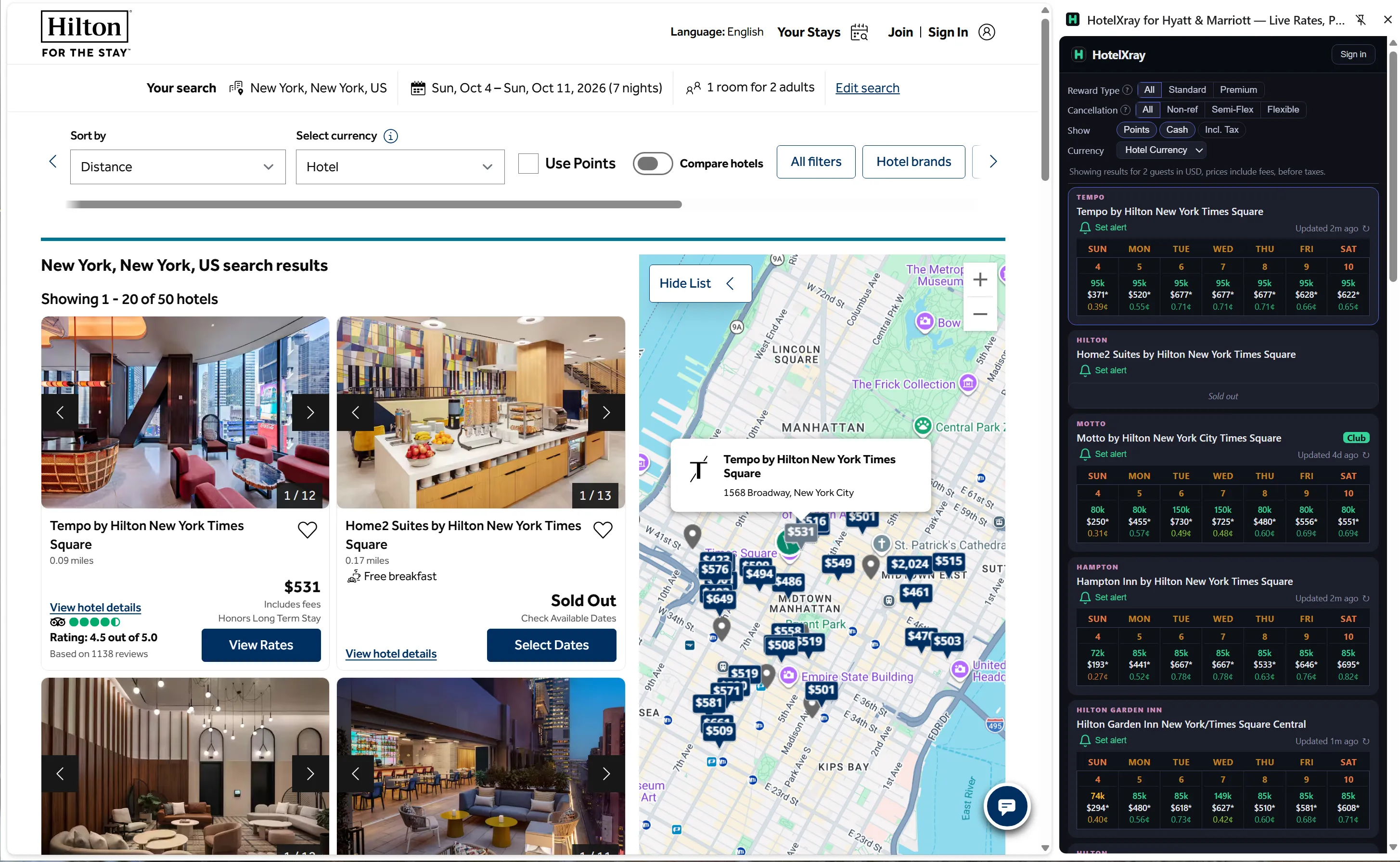 HotelXray side panel beside Hilton map search results in New York, showing a week of points, cash rates, CPP, reward-type and cancellation filters, and alert controls