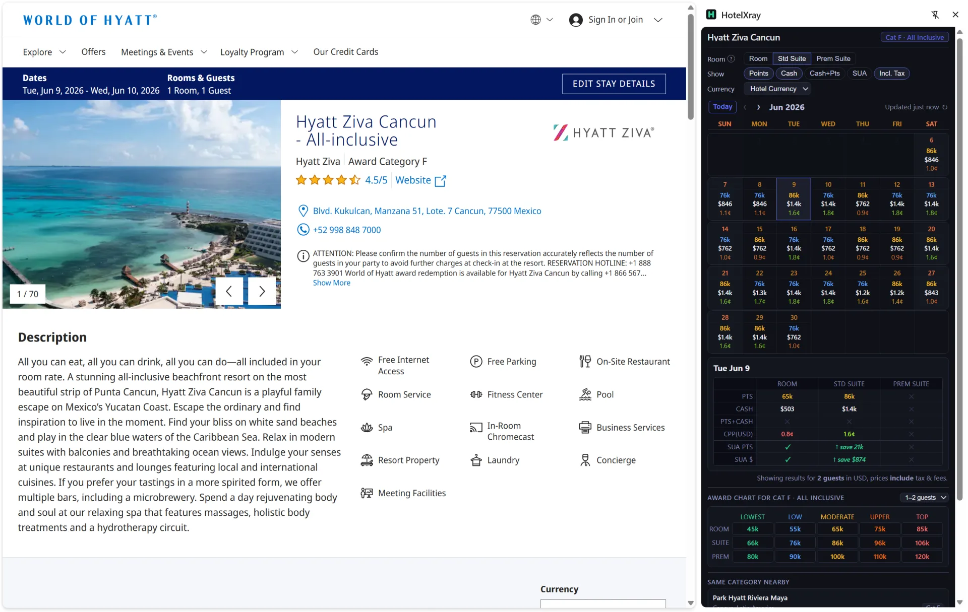 HotelXray side panel open alongside Hyatt Ziva Cancun on hyatt.com, showing award rates, cash prices, and CPP for June 2026