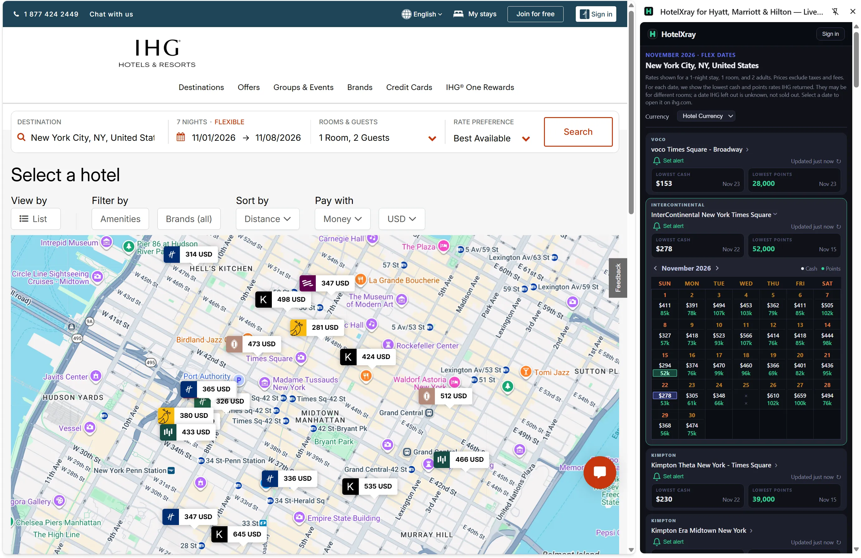 HotelXray side panel beside IHG flexible-date map search results in New York, showing each hotel’s lowest cash rate and Reward Night points for November 2026, with InterContinental New York Times Square expanded to a month of nightly cash and points
